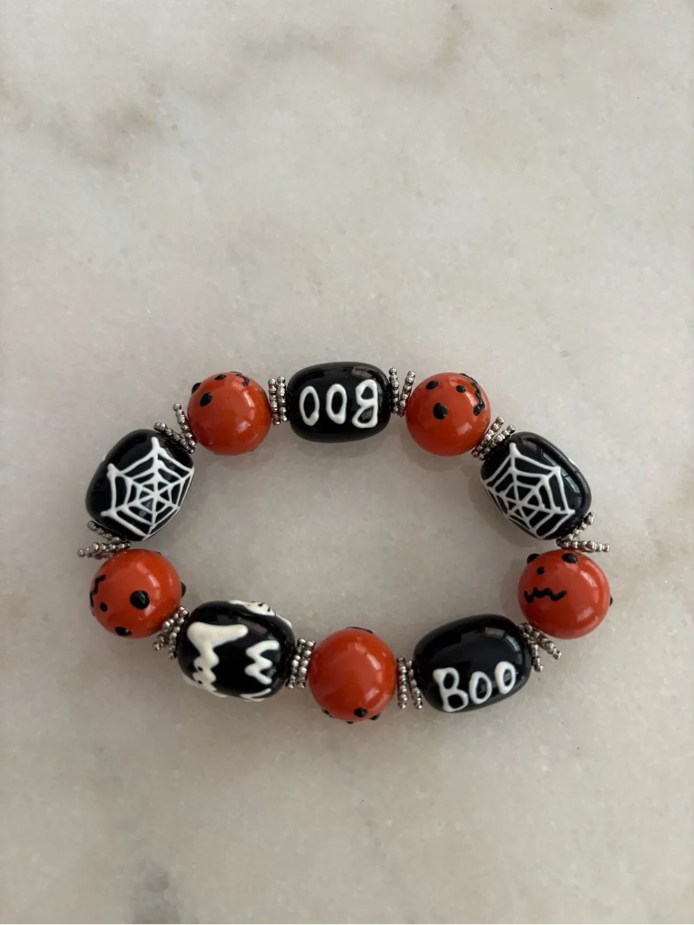 Women Halloween Stretch Bracelet - Black & Orange Boo Spiderweb Beads